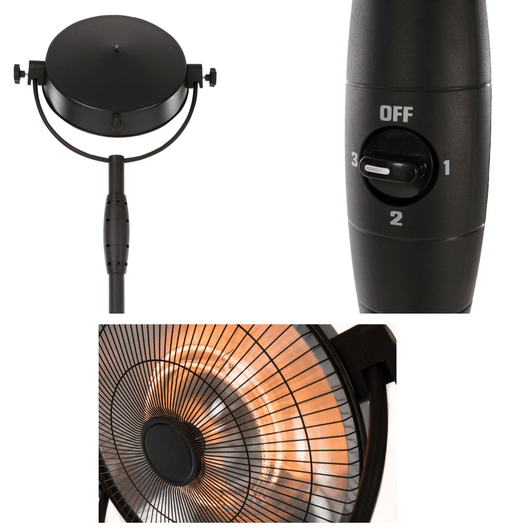 Zwarte staande heater met draaibare kop details