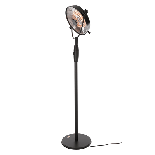 Zwarte staande heater met draaibare kop zijkant.