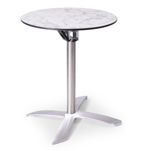 terrastafel met kantelbaar blad van Ø60 cm wit-gemarmerd. rvs frame, kruispoot.