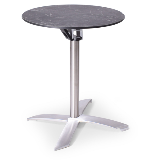 terrastafel met kantelbaar blad van Ø60 cm zwart-gemarmerd. rvs frame, kruispoot.
