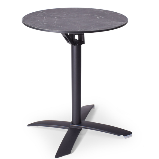 terrastafel met kantelbaar blad van Ø60 cm zwart gemarmerd. zwart frame, kruispoot.