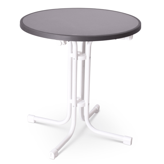 Terrastafel inklapbaar met zwart frame en melamine blad antraciet Ø70 cm. Voorzien van stelpootjes.