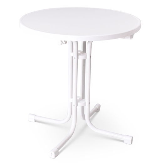 Terrastafel inklapbaar met zwart frame en melamine blad wit Ø70 cm. Voorzien van stelpootjes.