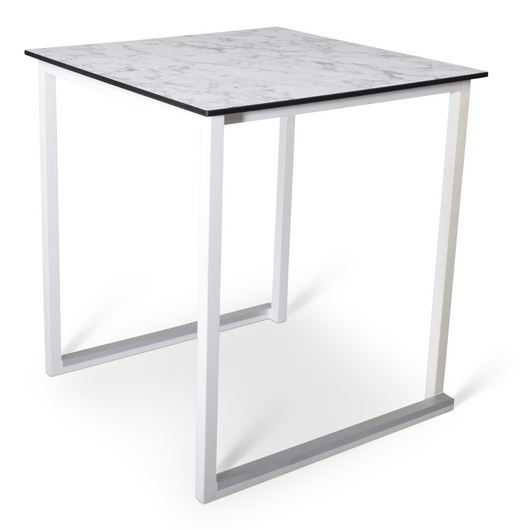 Terrastafel stapelbaar voorzien van wit frame en wit gemarmerd compact blad: Afmeting: 70 x 70 cm. 