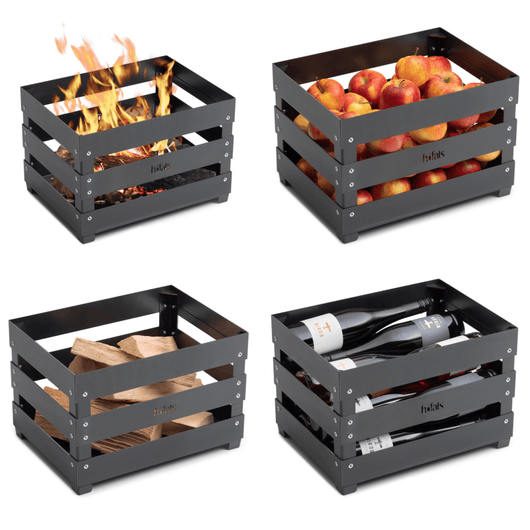 Diverse toepassingen voor de Höfats crate vuurkorf. Brandend als vuurkorf, gevuld met appels, haardhout en flessen wijn.
