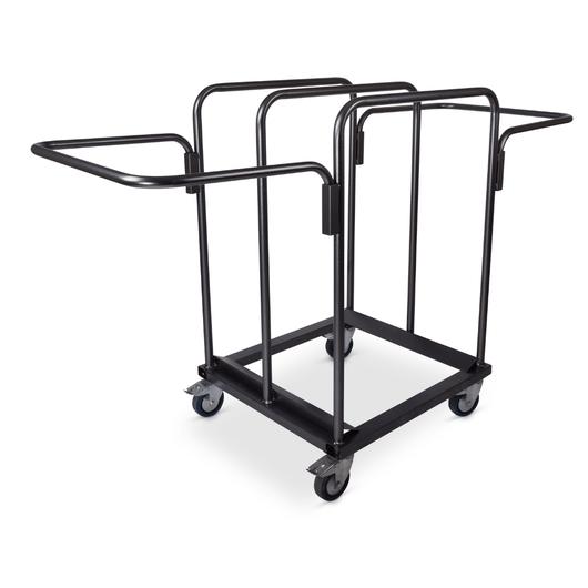 Transportkar met duwbeugel tbv 8 | 10 ronde bankettafels afhankelijk van model. Voorzien van 2 zwenkwielen met rem en 2 bokwielen.