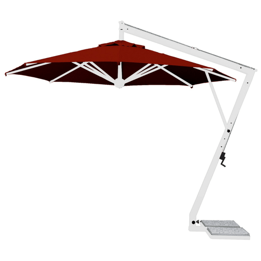 Zweefparasol Rimini met witte mast en opdraaimechanisme. Kleur doek: bordeaux.