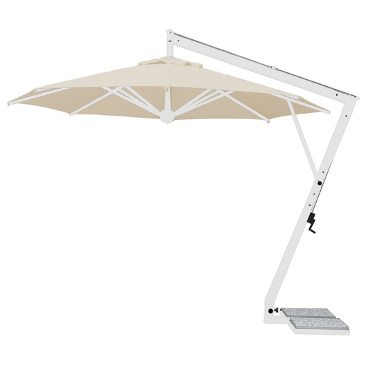 Zweefparasol Rimini met witte mast en opdraaimechanisme. Kleur doek: ecru.