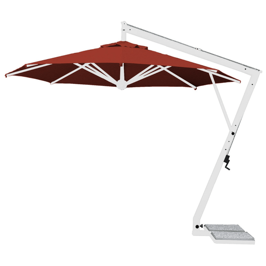 Zweefparasol Rimini met witte mast en opdraaimechanisme. Kleur doek: terracotta.