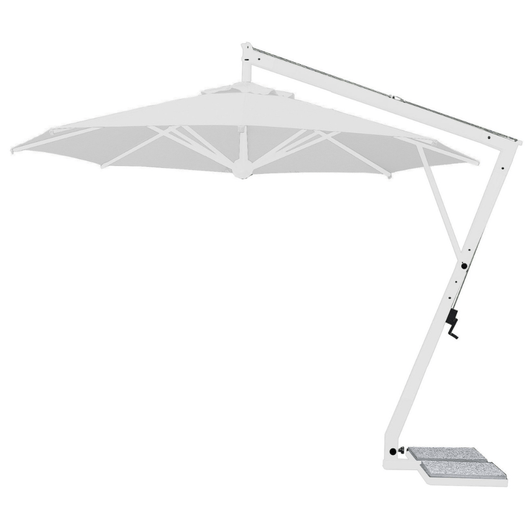 Zweefparasol Rimini met witte mast en opdraaimechanisme. Kleur doek: wit.