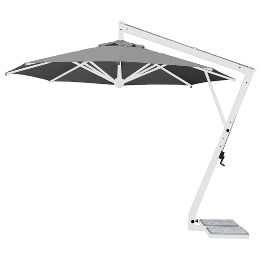 Zweefparasol Rimini met witte mast en opdraaimechanisme. Kleur doek: zilvergrijs.