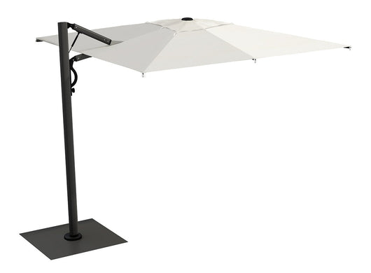 Zweefparasol met innovatief openings- en sluitsysteem, ondersteund door een gasveer waardoor het een easy job is om de parasol te openen of te sluiten. Intrekbaar naar de mast. Combinatie tussen toekomst en klassiek. antraciet aluminium frame met ecru doek.