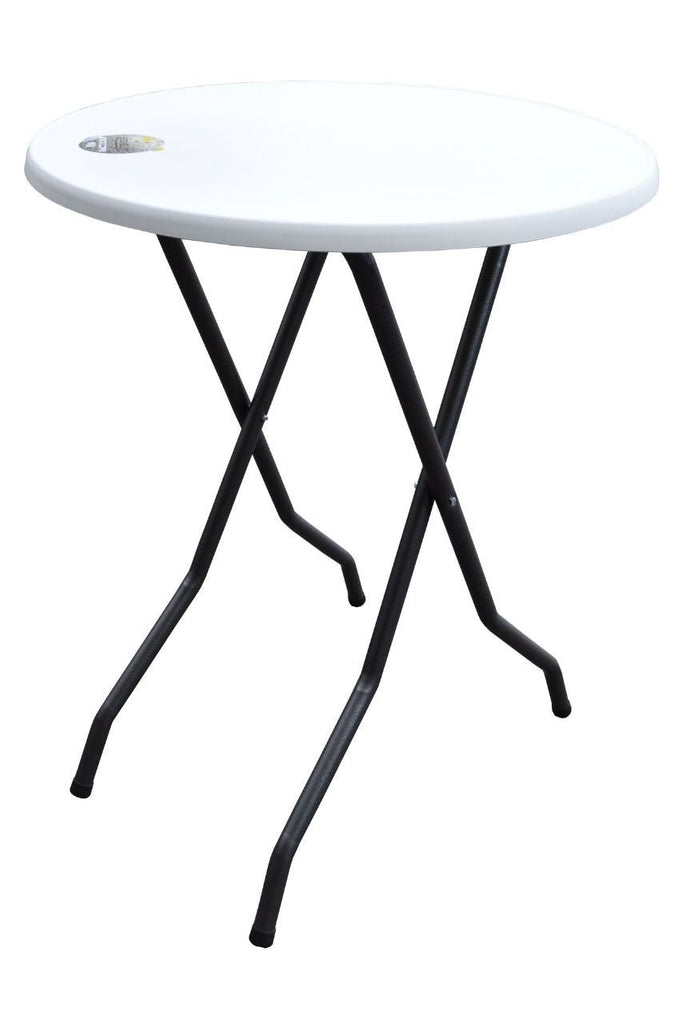 Ronde statafel met wit blad en grijs hamerslag onderstel Ìü85x110cm voor binnen en buiten gebruik