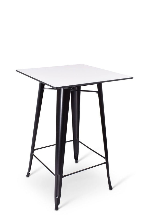 Stoere statafel met zwart gelakt metalen onderstel en een wit blad 70x70cm bij Partyfurniture