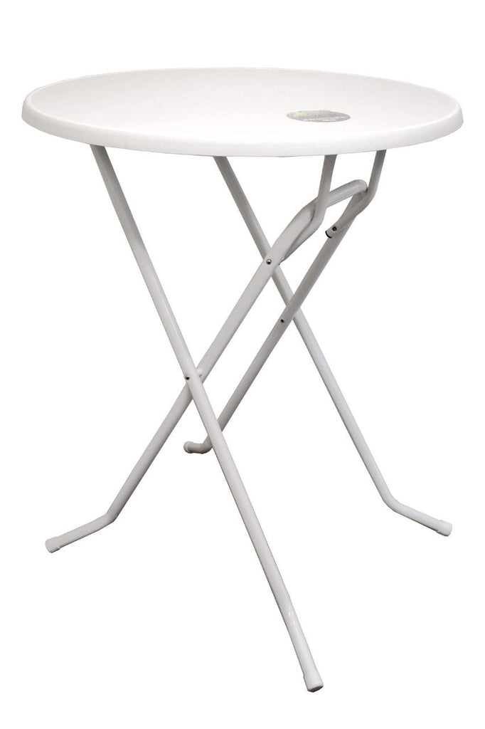 Ronde statafel met wit blad en wit gelakt onderstel Ìü85x107cm voor binnen en buiten gebruik