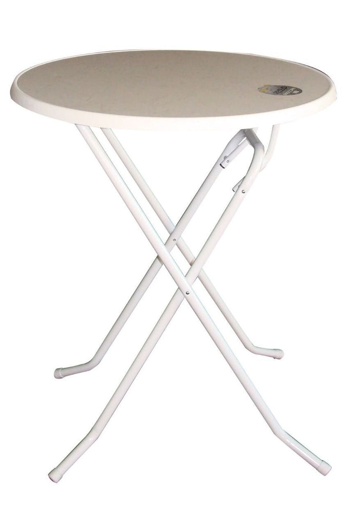 Ronde statafel met wit gemarmerd blad en wit gelakt onderstel Ìü85x107cm voor binnen en buiten gebruik