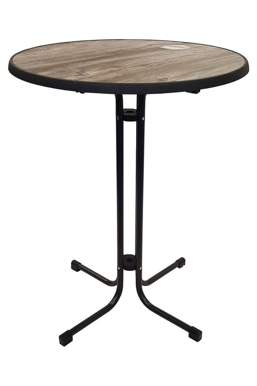 Ronde inklapbare statafel met een vintage kleur blad en een grijs hamerslag onderstel. De doorsnede van deze tafel is 85 cm en heeft een hoogte van 110cm.