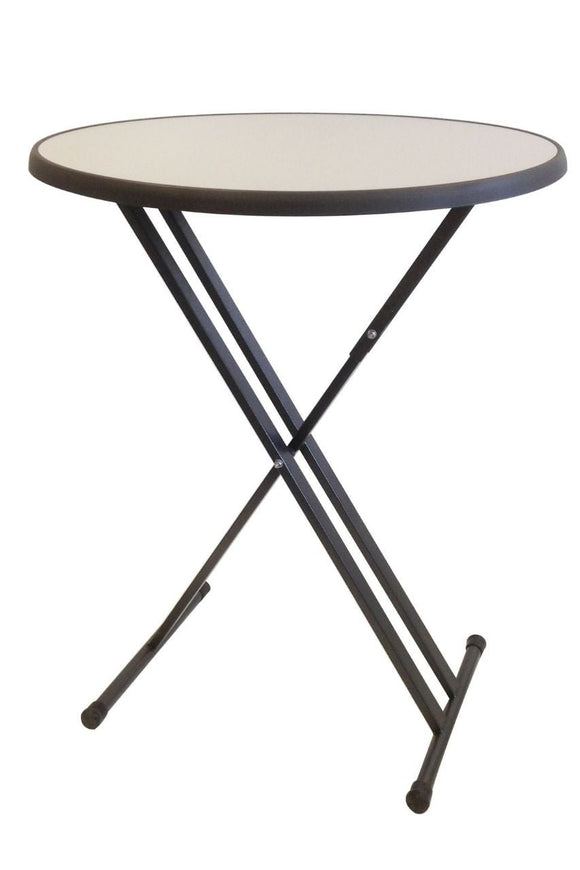 Ronde inklapbare statafel met metal brushed blad en grijs hamerslag onderstel. Doorsnede 85cm, hoogte110cm