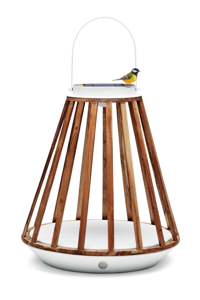 Elegante buitenlamp SUNS Kate, op zonne-energie en gemaakt van aluminium en teak. Wit