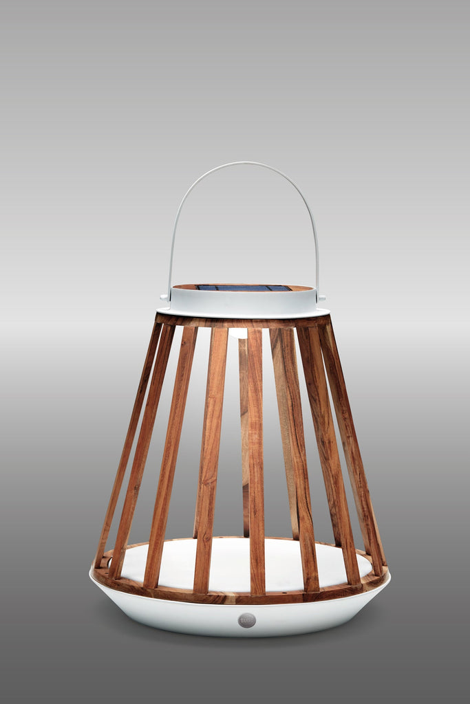Elegante buitenlamp SUNS Kate, op zonne-energie en gemaakt van aluminium en teak. Wit