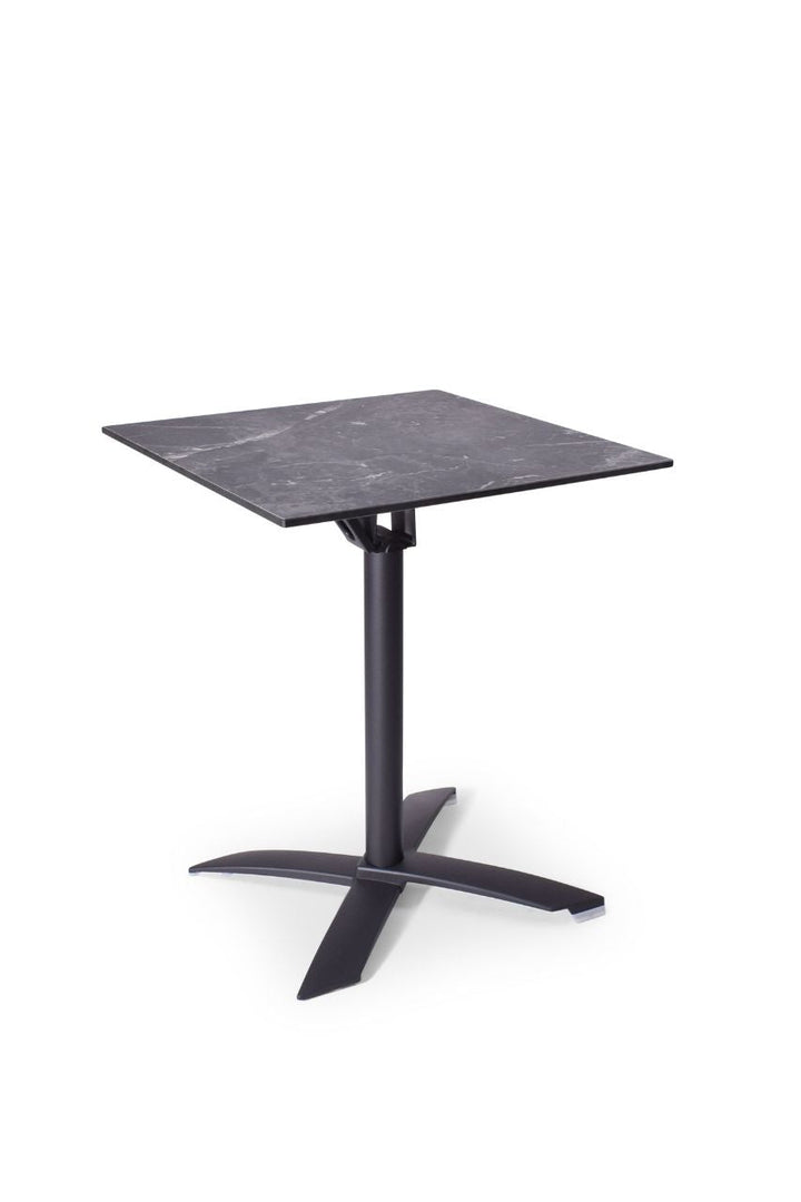 Vierkante terrastafel met zwart marmer blad en zwarte kruispoot 60x60x75