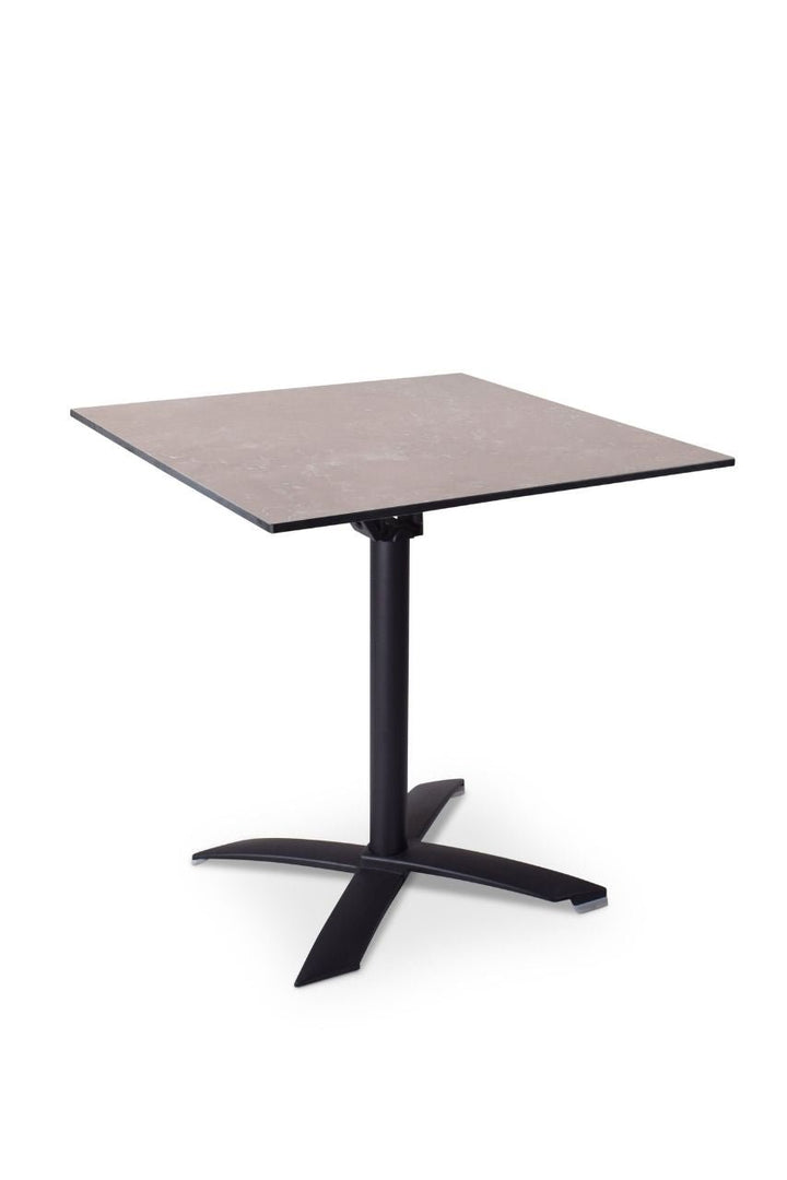Vierkante terrastafel met steen blad en zwarte kruispoot 70x70x75