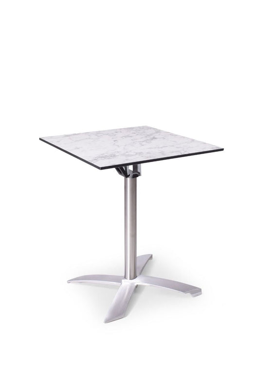 Vierkante terrastafel met wit marmer blad en RVS kruispoot 60x60x75