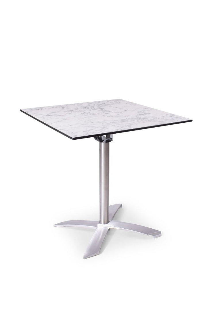Vierkante terrastafel met wit marmer blad en RVS kruispoot 70x70x75