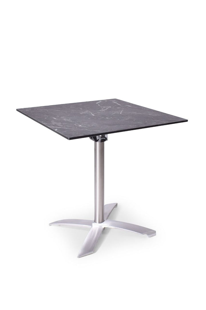 Vierkante terrastafel met zwart marmer blad en RVS kruispoot 70x70x75