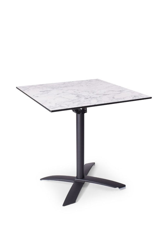 Vierkante terrastafel met wit marmer blad en zwarte kruispoot 70x70x75