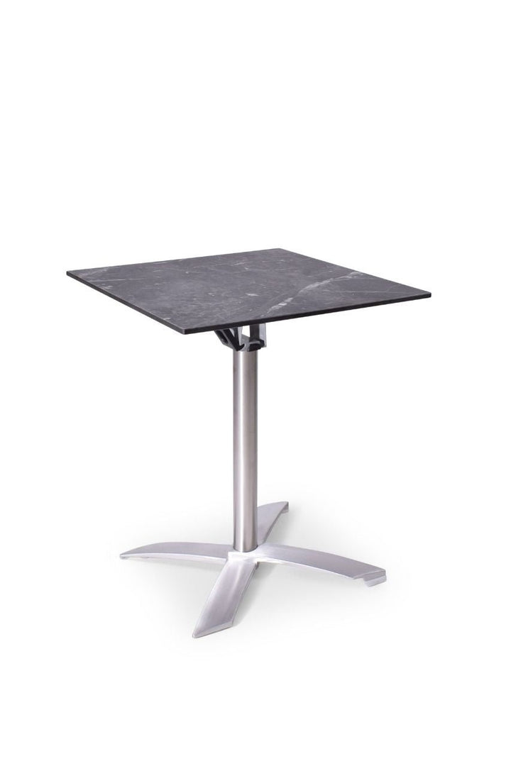 Vierkante terrastafel met zwart marmer blad en RVS kruispoot 60x60x75