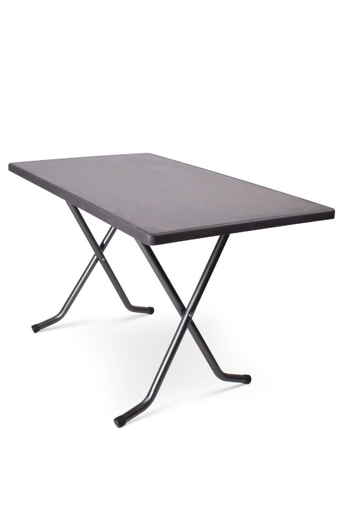 rechthoekige terrastafel met pizarra blad en grijs hamerslag onderstel 115x70x73cm