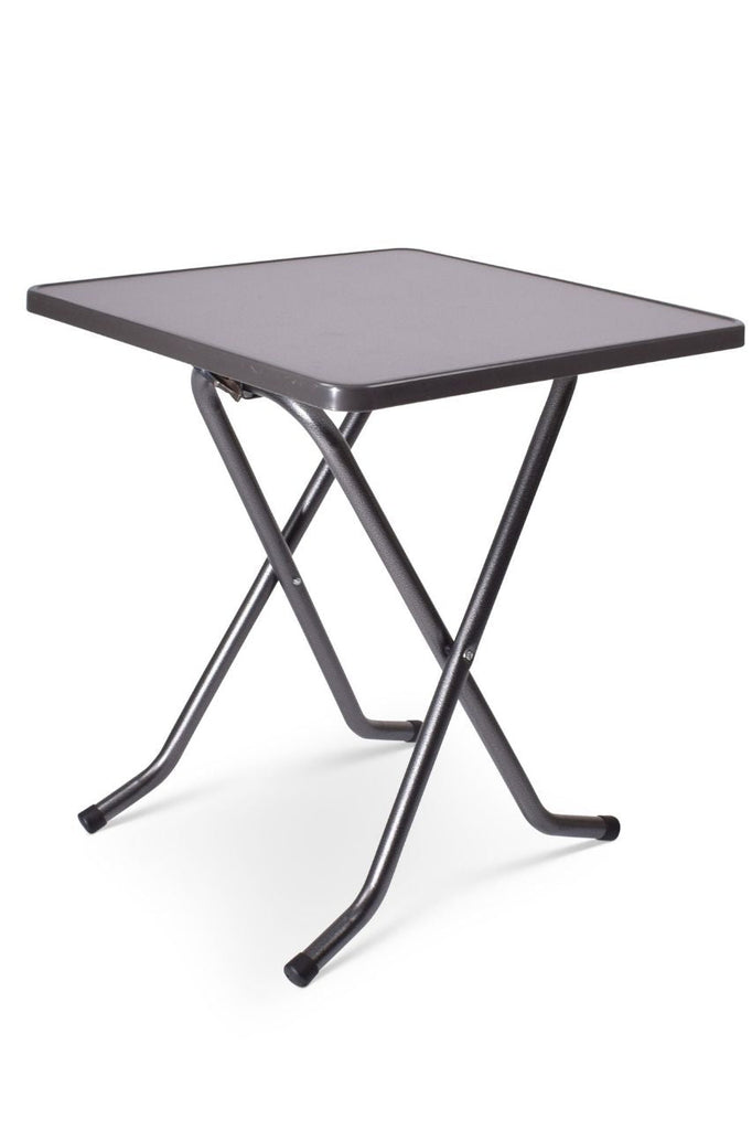 vierkante terrastafel met antraciet blad en grijs hamerslag gelakt onderstel 70x70x73cm
