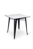 Stoere vierkante terrastafel met zwart gelakt metalen onderstel en een wit marmeren blad 70x70cm bij Partyfurniture