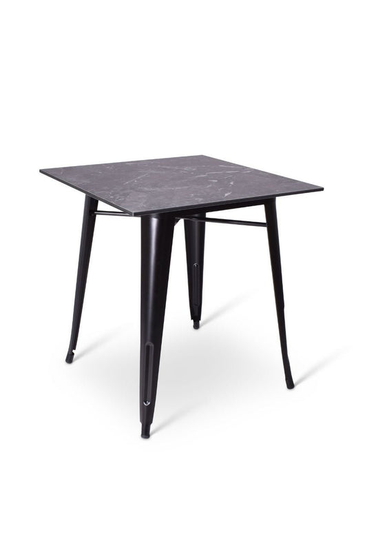 Stoere vierkante terrastafel met zwart gelakt metalen onderstel en een zwart marmeren blad 70x70cm bij Partyfurniture