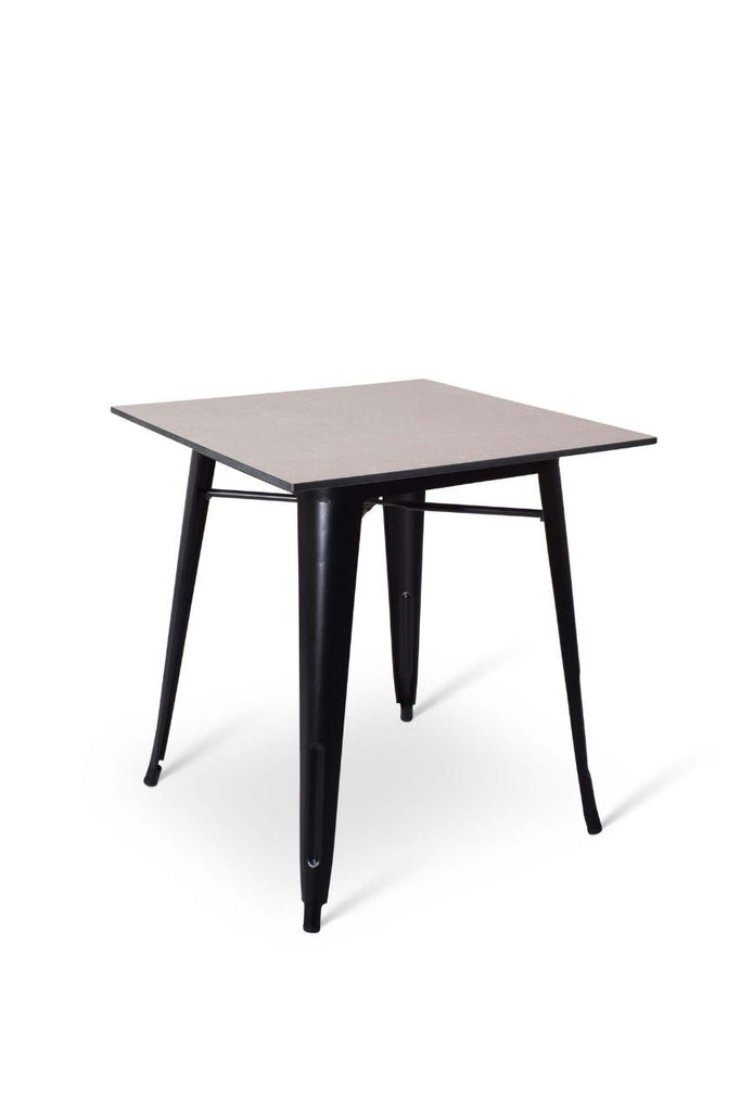 Stoere vierkante terrastafel met zwart gelakt metalen onderstel en een steen blad 70x70x75cm bij Partyfurniture
