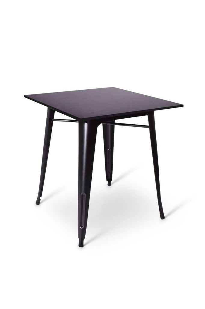 Stoere vierkante terrastafel met zwart gelakt metalen onderstel en een zwart blad 70x70cm bij Partyfurniture