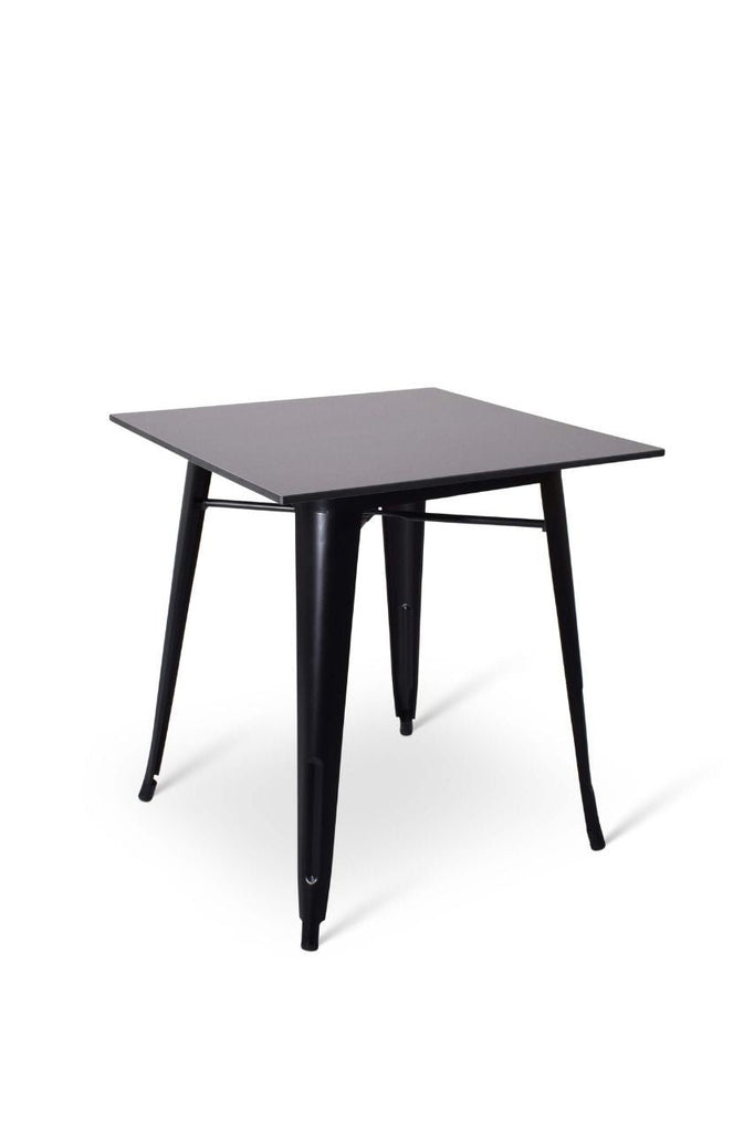 Stoere vierkante terrastafel met zwart gelakt metalen onderstel en een Japans pijnboomiepenhout blad 70x70x75cm bij Partyfurniture