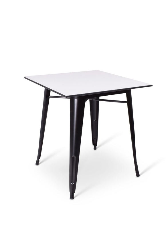Stoere vierkante terrastafel met zwart gelakt metalen onderstel en een wit blad 70x70cm bij Partyfurniture