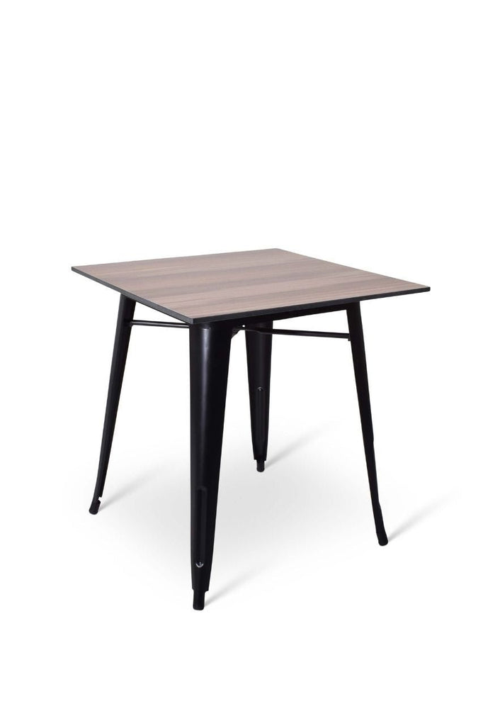 Stoere vierkante terrastafel met zwart gelakt metalen onderstel en een warm eiken blad 70x70x75cm bij Partyfurniture
